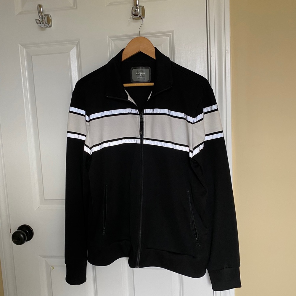 Express Mens L Track Jacket 90s Black Reflective - Picture 2 of 7